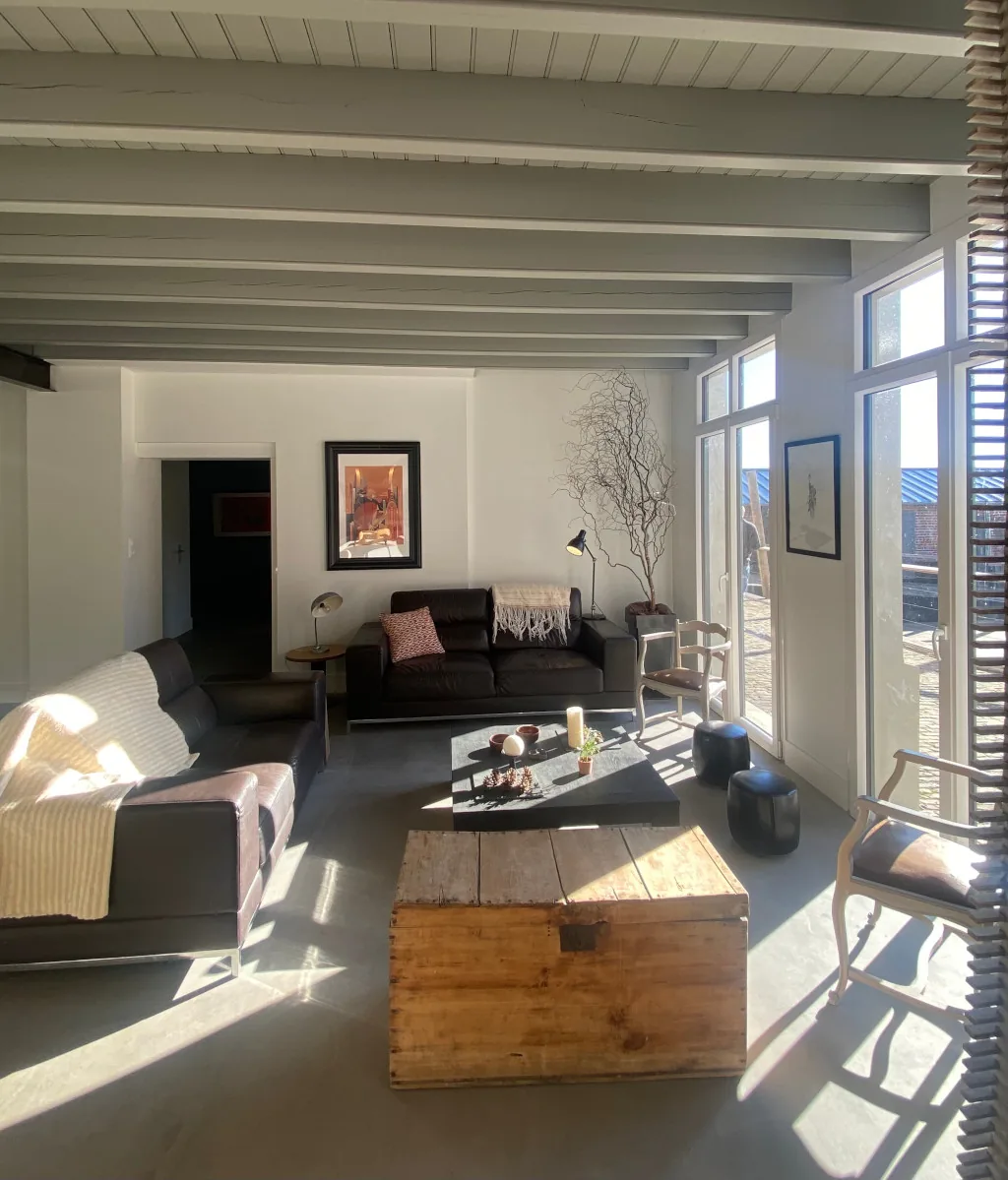 grand salon / salle à manger attenant à une grande cuisine toute équipée 